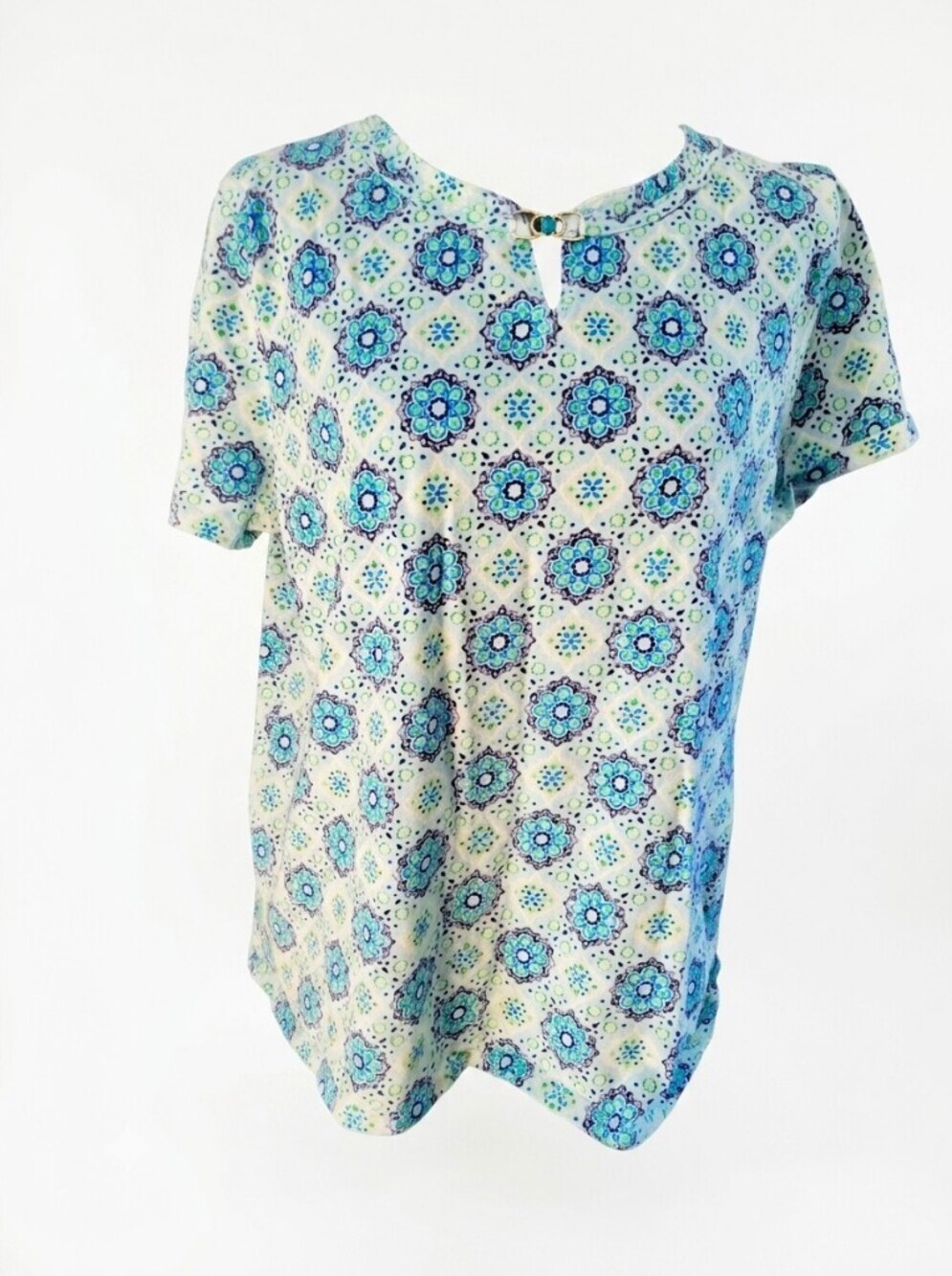 Talbots Aqua and Blue Floral Medallion Blouse